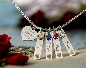 Personalized Aunt Necklace: Stainless Steel Bar Name & Birthstone Charm