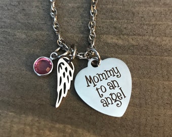 Baby Loss Memorial Necklace, Stainless Steel Angel Wing, with Birthstone