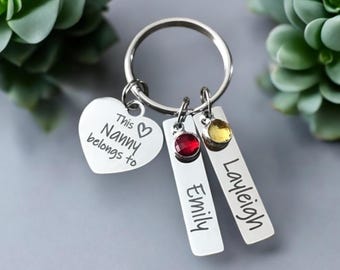 Personalized Nanny Keychain: Stainless Steel Charms with Birthstones