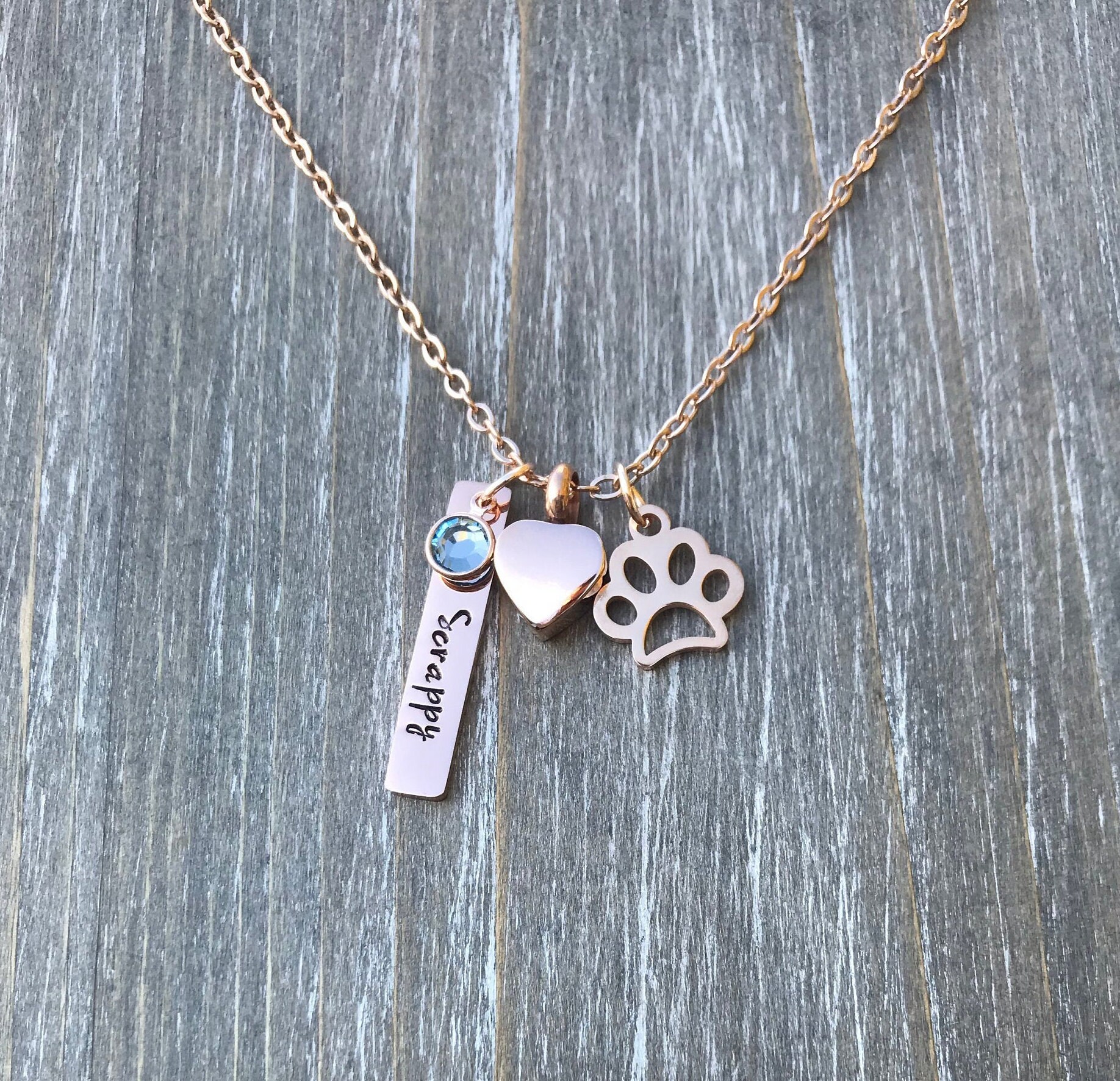 Rose Gold Pet urn necklace, personalized name Heart Dog Cat memorial