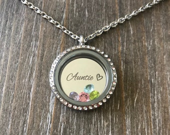 Auntie Necklace with birthstones,  Personalized Floating charm locket Necklace, Floating charm locket, Gift for Aunt , Auntie, Tia