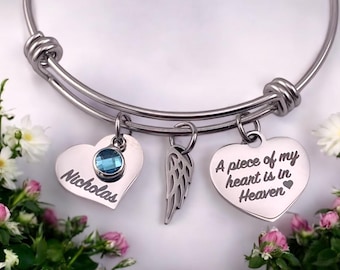 Personalized Angel Wing Stainless Steel Memorial Bracelet, Remembrance Jewelry