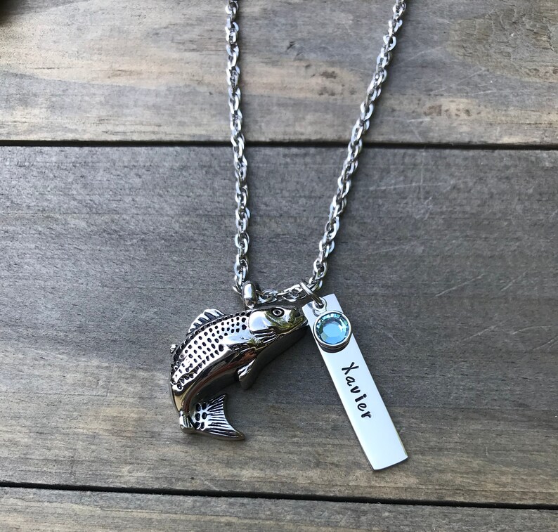 Fish urn necklace personalized Memorial name birthstone Fishing memorial necklace loss of son Dad Father Grandpa cremation ashes URN Gift