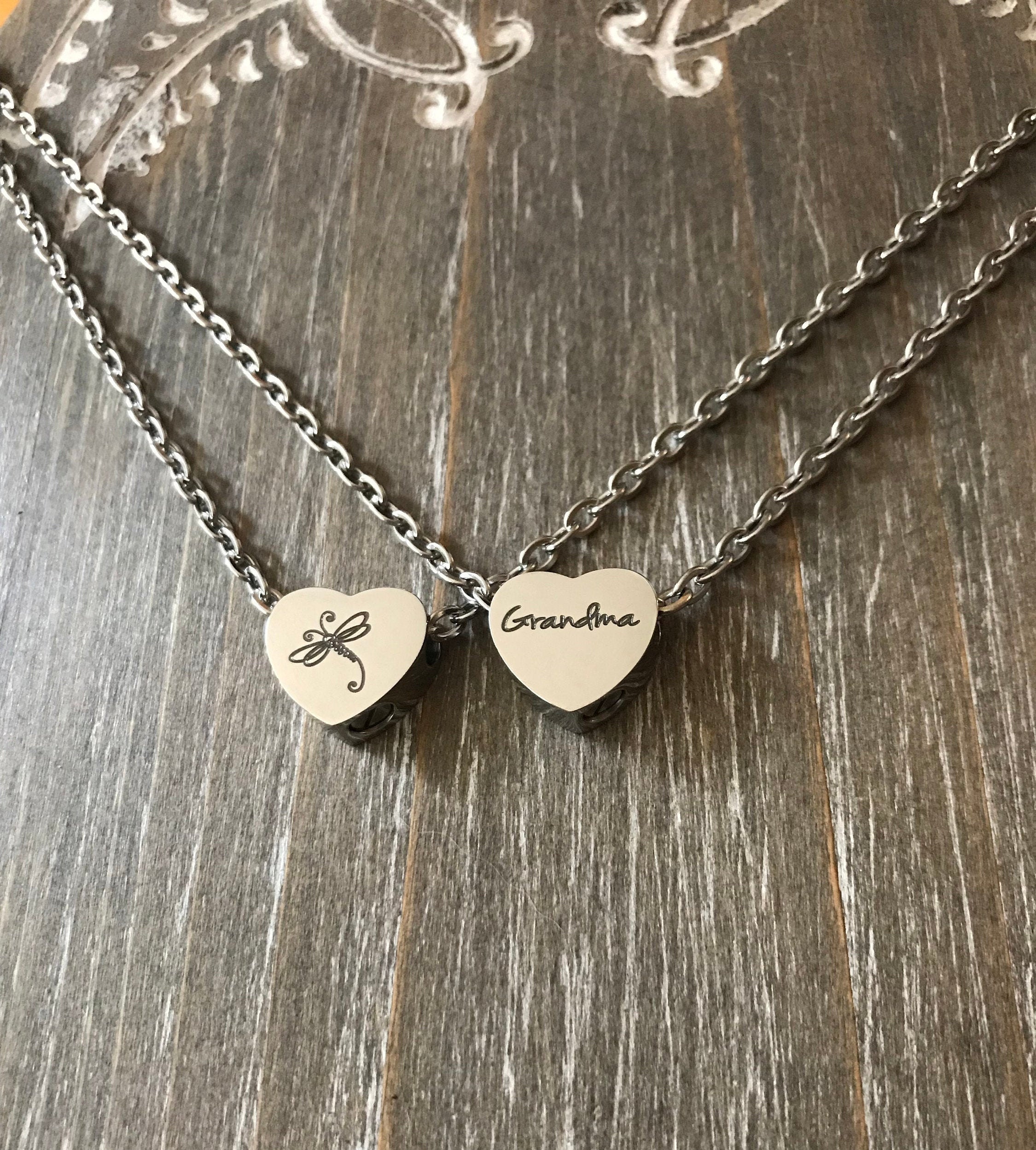 Dragonfly memorial urn necklace personalized name memorial Silver heart