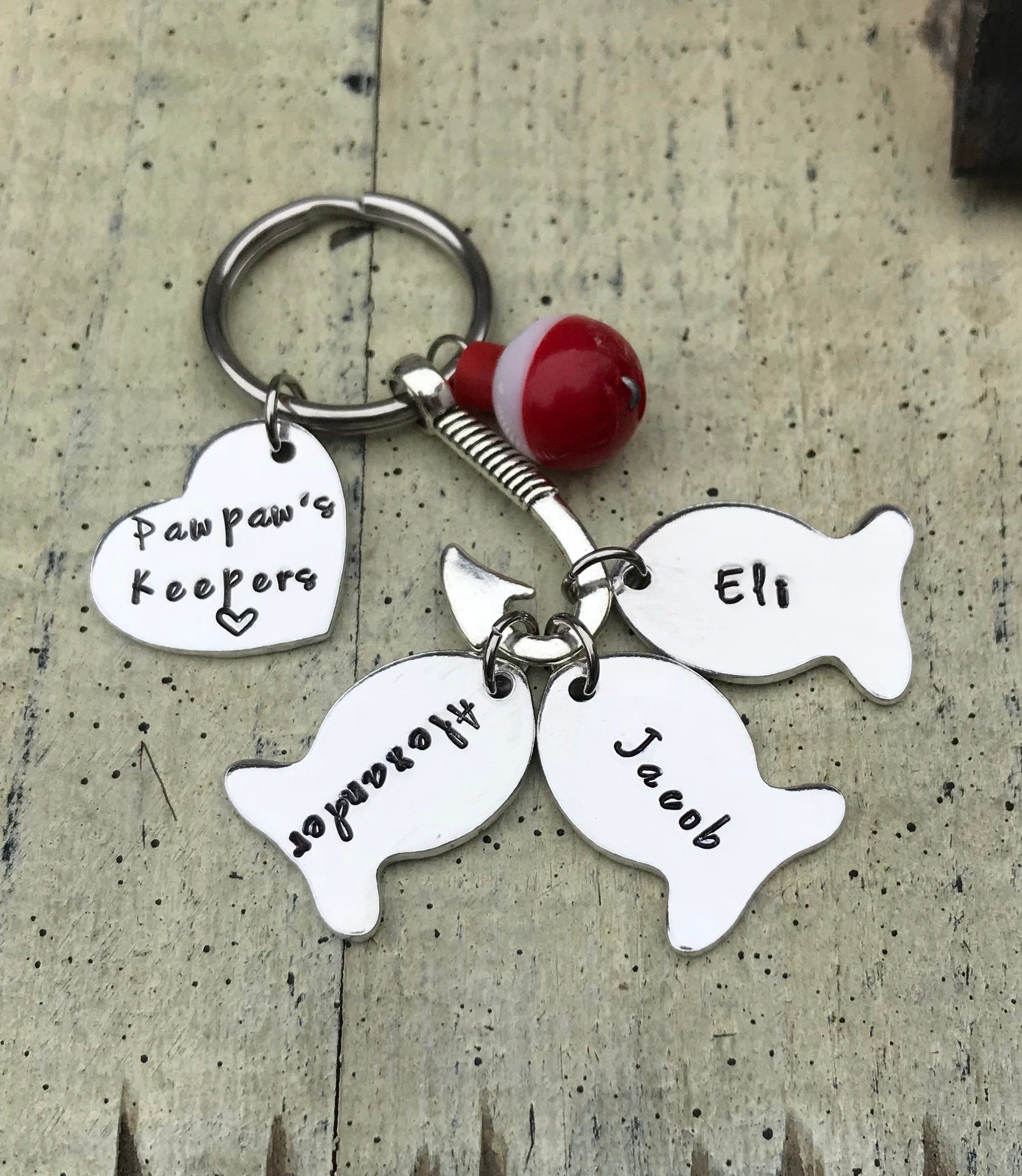 personalized name fishing key chain with fish hook tackle lure bobber