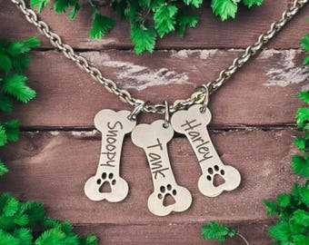 Dog Bone Necklace Personalized, Dog Paw Necklace, Dog Jewelry, Bone Paw Print, Pet Memorial, Dog Charm Necklace, Engraved dog Jewelry