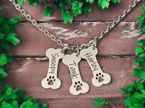 Dog Bone Necklace Personalized, Dog Paw Necklace, Dog Jewelry, Bone Paw Print, Pet Memorial, Dog Charm Necklace, Engraved dog Jewelry
