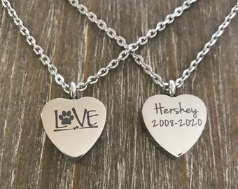 Engraved Pet Cremation Urn Necklace, Stainless Steel Memorial Jewelry