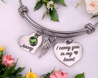 Personalized Memorial Bangle Bracelet, Stainless Steel, Angel Wing Charm