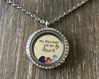 Aunt Necklace with birthstones,  Personalized Floating charm locket Necklace, Floating locket for Mother's Day, Gift for Aunt , Auntie, Tia