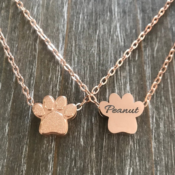 Urn Necklace for Pet Ashes, dog Cat Cremation Necklace, Memorial Necklace, Cremation Jewelry, Ashes Necklace, Paw Print Engraved Rose Gold