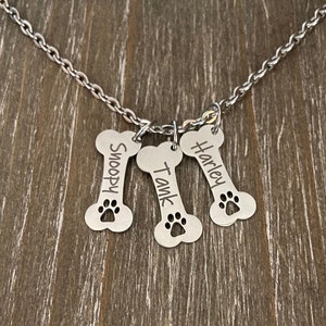 Dog Bone Necklace Personalized, Dog Paw Necklace, Dog Jewelry, Bone Paw Print, Pet Memorial, Dog Charm Necklace, Engraved dog Jewelry image 1
