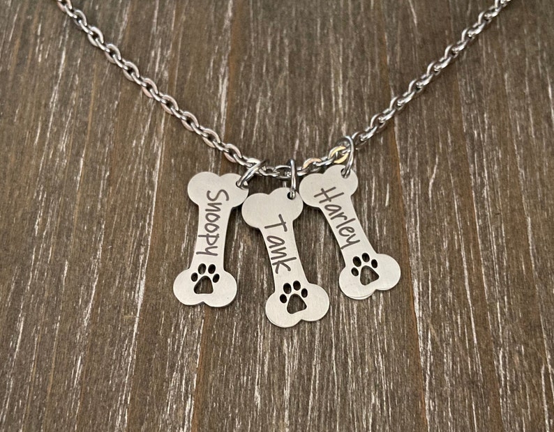Dog Bone Necklace Personalized, Dog Paw Necklace, Dog Jewelry, Bone Paw Print, Pet Memorial, Dog Charm Necklace, Engraved dog Jewelry image 1
