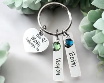 Personalized Mom Keychain with Birthstones, Custom Name Stainless Steel Jewelry