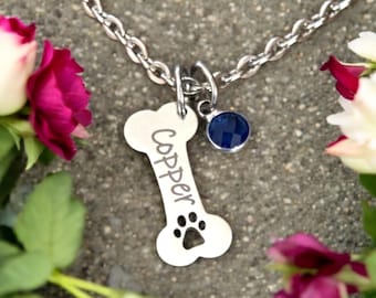 Dog Bone Necklace Personalized, Dog Paw Necklace, Dog Jewelry, Bone Paw Print, Pet Memorial, Dog Charm Necklace, Engraved dog Jewelry