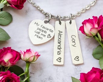 Personalized Mom Necklace: Stainless Steel Bar & Heart Charms