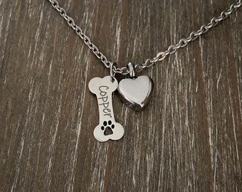 Dog urn Heart memorial for ashes, pet memorial necklace, cremation urn necklace, Personalized Dog Bone Urn, custom pet dog Bone urn Gift