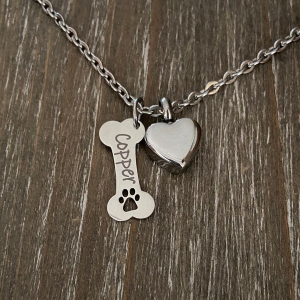 Dog urn Heart memorial for ashes, pet memorial necklace, cremation urn necklace, Personalized Dog Bone Urn, custom pet dog Bone urn Gift