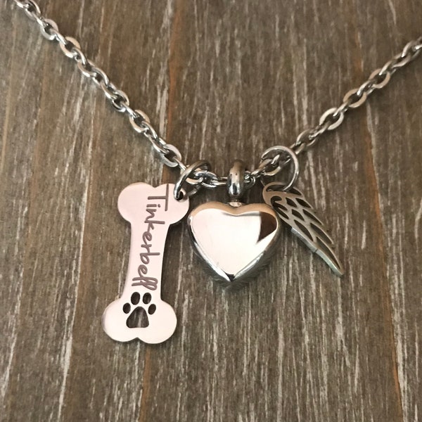 Dog memorial jewelry Heart urn for ashes pet memorial necklace, cremation urn necklace, Personalized Dog Bone, custom pet dog Bone urn Gift