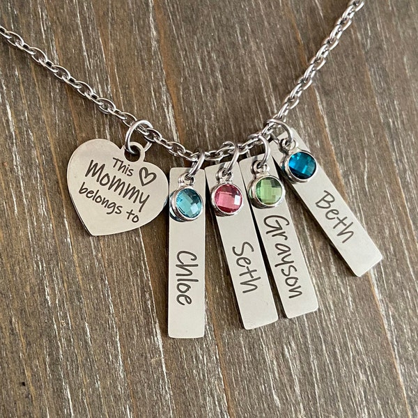 Mommy Necklace /  1 2 3 4 5 6 Name birthstone Gift / Mommy jewelry / engraved necklace / Child's name necklace / Personalized necklace