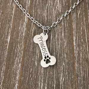 Dog Bone Necklace Personalized, Dog Paw Necklace, Dog Jewelry, Bone Paw Print, Pet Memorial, Dog Charm Necklace, Engraved dog Jewelry image 2