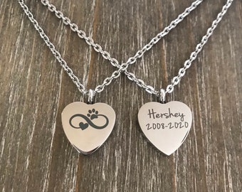 Pet Memorial Cremation Urn Necklace, Engraved Heart, Loss of Pet
