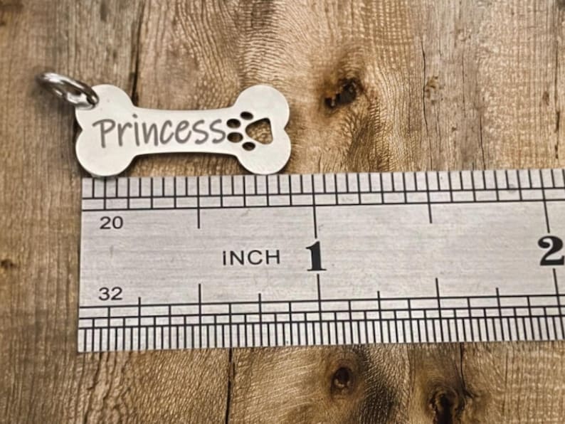 May include: A silver bone-shaped dog tag with the name "Princess" engraved on it. The tag is 1 inch long and has a paw print cutout.