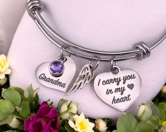 Personalized Memorial Bracelet, Angel Wing, Birthstone, Stainless Steel