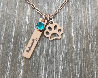 Rose Gold Pet jewelry pet Personalized Name necklace, pet memorial necklace, Rose Gold Paw Print necklace,  Memorial pet cat dog Jewelry