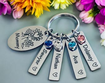Personalized Mom Keychain with Kids' Names & Birthstones