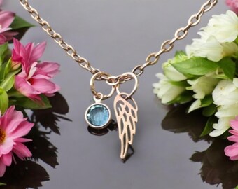 Rose Gold Angel Wing Necklace, Swarovski Birthstone, Memorial Gift