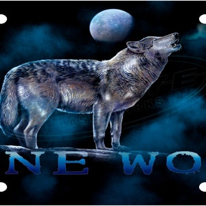 May include: A lone wolf howls at the moon in a dark blue and black sky with clouds. The text "LONE WOLF" is written in blue at the bottom of the image.