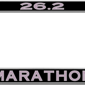 May include: A silver license plate frame with a black background and white text that reads "26.2 MARATHON". The frame features a silhouette of runners in purple.