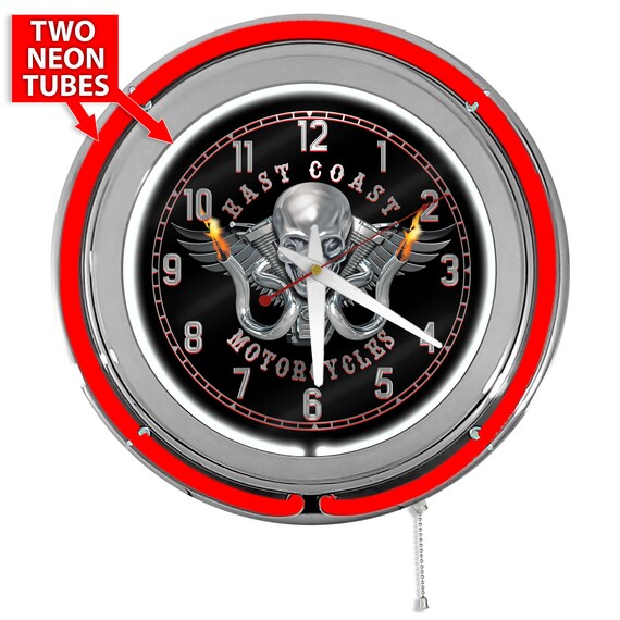 Customized Biker Garage 15 Inch Red Double Neon Garage Clock Etsy