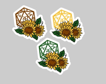 DnD Dungeons and Dragons D&D D20 Dice Class Stickers Sunflowers Floral Handcrafted Water Resistant Stickers RPG Critical Role Playing Games