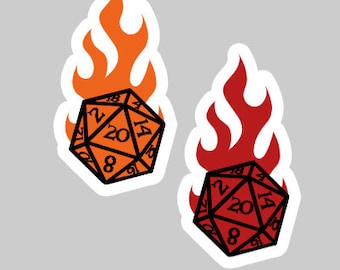 DnD Dungeons and Dragons D&D D20 Dice Class Stickers Flames On Fire Handcrafted Water Resistant Stickers RPG Critical Role Playing Games