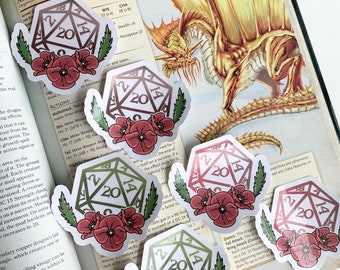 DnD Dungeons and Dragons D&D D20 Dice Class Stickers Red Poppies Floral Handcrafted Water Resistant Stickers RPG Critical Role Playing Games