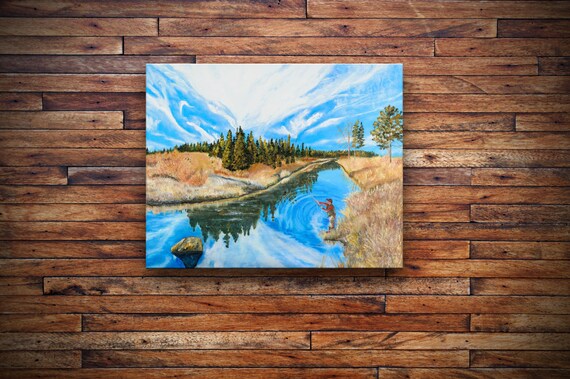 Fly Fishing Oil Painting, Landscape Painting, Man Cave Wall Art