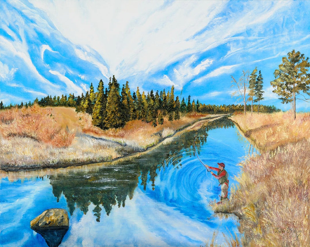 Fly Fishing Oil Painting, Landscape Painting, Man Cave Wall Art, Fly