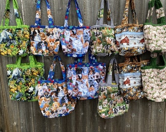 Furry Friends pocket tote bags.  Dogs, cats, horses, barnyard, jungle animals.  School/work/toys.  Quilted, lined. Two sizes. Free shipping.