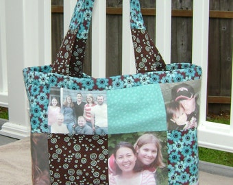 Personalized Photo Tote Bag.  Customized.  Family, friends, pets. Quilted and Lined.  Pockets.  School/work/shopping/travel.  Free shipping.