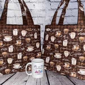 Coffee lovers themed pocket tote bag.  Quilted and lined.  Gifts/shopping/travel/school.  Free shipping.