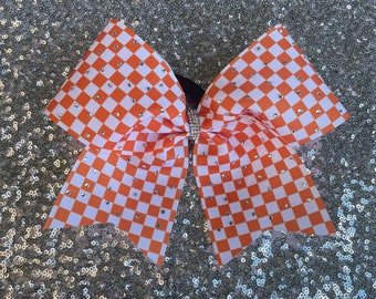 Tennessee orange and white checkered cheer bow with rhinestones