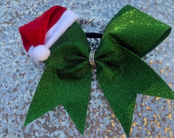 Green Glitter Cheer Bow with Santa Hat