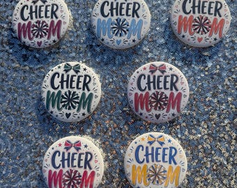 Sports Pin Buttons Cheer Mom in tons of colors