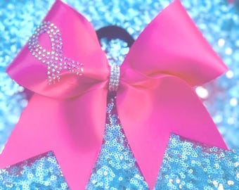 Breast Cancer Cheer Bow  satin Pink with AB rhinestone ribbon