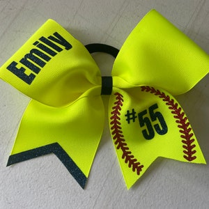 Neon yellow softball bow customized in your colors and name and number