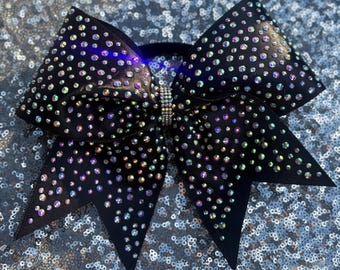 Black Satin Iridescent Rhinestone Cheer Allstar Bows