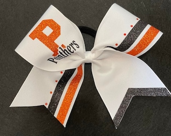 White, Orange and Black Cheerleading Bow with your Team Initial and Name  Cheerbows