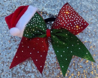 Red and Green glitter cheerbow with rhinestones and Santa Hat